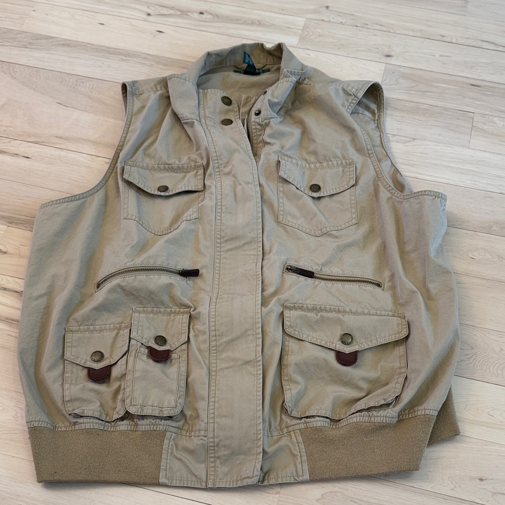 Vtg Ralph Lauren Womens Tan Fishing Utility Vest Snaps Pockets Zipper-2X-Read